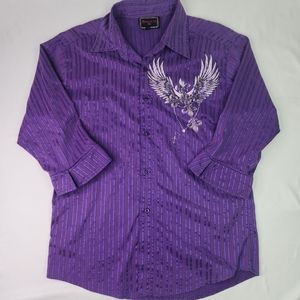 Patroncito Mens Purple Winged Fleur De Lis Design With Rhinestones 3/4 Sleeve LG